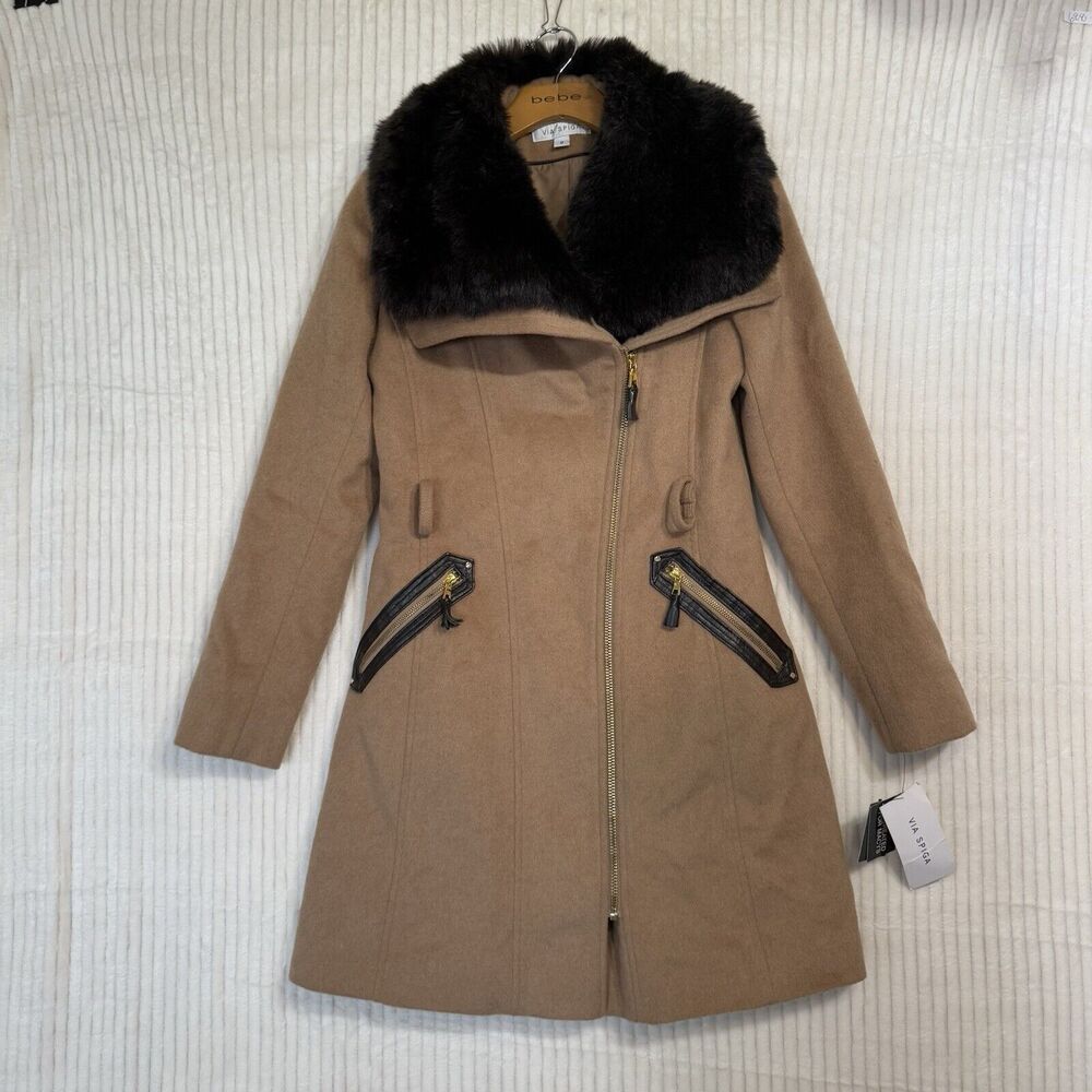 Via Spiga Camel‎ Faux Fur Wool Blend Pea Coat Women Sz 0 NWT $400 No Belt - Picture 16 of 16